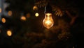 Glowing light bulb on Christmas tree with bokeh background. Royalty Free Stock Photo