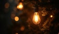 Glowing light bulb on Christmas tree with bokeh background. Royalty Free Stock Photo