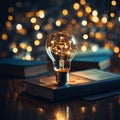 Glowing light bulb with creativity twinkling lights on a book Ideas for inspiration from reading Innovation concept Royalty Free Stock Photo