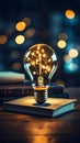 Glowing light bulb with creativity twinkling lights on a book Ideas for inspiration from reading Innovation concept Royalty Free Stock Photo