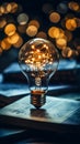 Glowing light bulb with creativity twinkling lights on a book Ideas for inspiration from reading Innovation concept Royalty Free Stock Photo