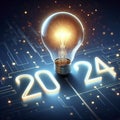 A glowing light bulb on a dark blue glow background with 2024 3d text. ai generative Royalty Free Stock Photo