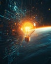 Glowing light bulb in dark space with bright beam Royalty Free Stock Photo