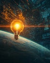 Glowing light bulb on a digital planet\'s surface Royalty Free Stock Photo
