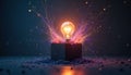 Glowing light bulb emerges from dark box, exploding with colorful sparks and particles. Symbolizes innovative ideas, breakthrough Royalty Free Stock Photo
