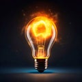 Glowing light bulb with fire inside. Energy bottling of light. Energy output. Bright light bulb Royalty Free Stock Photo