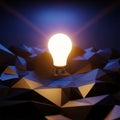 A glowing light bulb floats above a polygonal low poly surface Royalty Free Stock Photo