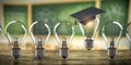 Glowing light bulb with graduation cap in row of other light bulbs on classroom blackboard background. Education, learning on Royalty Free Stock Photo