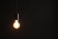 Glowing light bulb hanging on dark background. Space for text Royalty Free Stock Photo
