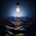 A glowing light bulb hangs above a dark, undulating surface resembling waves Royalty Free Stock Photo