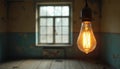 Glowing light bulb hangs against an old room. Retro edison lamp with filament illuminates dark interior with textured walls and Royalty Free Stock Photo