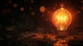 A glowing light bulb illuminated against an abstract dark background with bokeh lights Royalty Free Stock Photo
