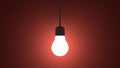 Glowing light bulb in lamp socket hanging on red