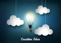 Glowing light bulb is among a lot of cloud on dark blue background with Origami paper cut style, Representation of creative busine