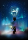 Glowing light bulb is among a lot of stars on aurora blue sky, business man on rope swing reach star, creative business concept Royalty Free Stock Photo