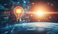 Glowing light bulb over earth from space with digital elements Royalty Free Stock Photo
