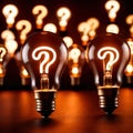 Glowing light bulb with question mark, indicating curiosity and questioning knowledge