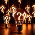 Glowing light bulb with question mark, indicating curiosity and questioning knowledge