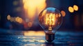 Glowing light bulb in a rainy city at dusk Royalty Free Stock Photo