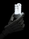 Glowing light bulb in robot hand