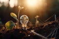 Glowing light bulb and sprout growing out of the soil, energy concept, Light Bulb and a small plant on the soil, Ai Generated Royalty Free Stock Photo