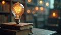 Glowing light bulb on stack of old books. Education concept, importance of knowledge, learning. Self-improvement, innovation, Royalty Free Stock Photo