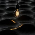 A glowing light bulb, suspended in midair, casts reflections on a dark, wavy water surface. The Royalty Free Stock Photo