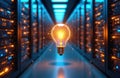 Glowing light bulb symbolizes idea generation in a futuristic data center. Servers and digital network infrastructure pulsate Royalty Free Stock Photo