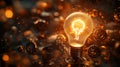 Glowing light bulb with tree symbol among gears