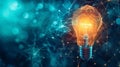 A glowing light bulb with a wireframe structure, set against a blue networked background, representing innovation and technology Royalty Free Stock Photo