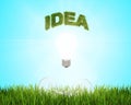 Glowing light bulb with the word idea over a field of fresh green grass, which are 2 more bulbs.. Green energy concept. Royalty Free Stock Photo