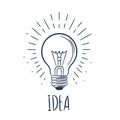 Glowing light bulb with the word idea prominently displayed below, symbolizing creativity, inspiration, and the birth of