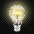Glowing light bulb with the word idea , realistic 3D vector, isolated on a transparent background. Electricity Royalty Free Stock Photo