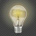 Glowing light bulb with the word idea , realistic 3D vector, isolated on a transparent background. Electricity Royalty Free Stock Photo
