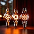 Glowing light bulbs with atomic energy symbol, showing nuclear powered electricity