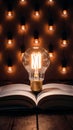 Glowing light bulbs create warm ambiance atop open book, casting radiant golden light