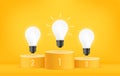 Glowing light bulbs on winner podium, Sustainable energy efficient concept, Leadership of business strategy and management on Royalty Free Stock Photo
