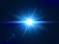 Glowing light effect. Blue lens flare. Glare light. Explosion star. Flash with rays and spotlight. Vector illustration Royalty Free Stock Photo