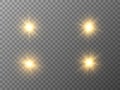 Glowing light stars set. Gold effect on transparent backdrop. Golden explosions and flares. Bright shining stars. Yellow Royalty Free Stock Photo