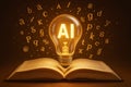 Glowing Lightbulb with AI Inside Over Open Book and Scattered Letters artificial intelligence illuminated Royalty Free Stock Photo
