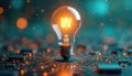 Glowing lightbulb on circuit board. Digital technology, innovation, and artificial intelligence concept. Futuristic idea Royalty Free Stock Photo