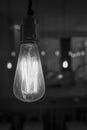 Glowing lightbulb dangling from the ceiling in black and white Royalty Free Stock Photo