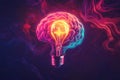 A glowing lightbulb floating above a human brain, surrounded by swirling lines of neon colors,