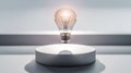 Glowing Lightbulb Floating Above a White Platform Indoors Royalty Free Stock Photo