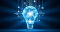 Glowing lightbulb with global network and futuristic digital elements on blue background representing innovative ideas and global Royalty Free Stock Photo