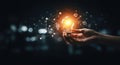 Glowing Lightbulb in Hand with Digital Network Lines Symbolizing Innovation and Futuristic Connectivity Royalty Free Stock Photo