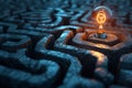 A Glowing Lightbulb Illuminates the Path Through a Stone Brain Maze Royalty Free Stock Photo