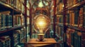 The glowing lightbulb in library.AI generated image Royalty Free Stock Photo