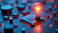 Glowing lightbulb on microchip. Circuit board with electronic components. Artificial intelligence concept. Digital tech Royalty Free Stock Photo