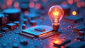Glowing lightbulb rests on a microchip. Electronic circuits and processors glow with vibrant blue and orange light. Represents Royalty Free Stock Photo